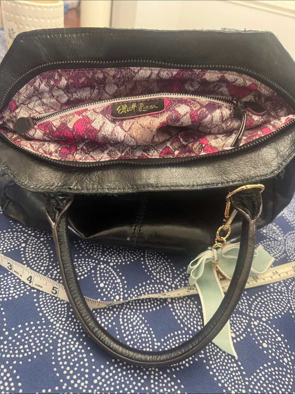Elliott Lucca Black Shoulder Bag with Pink print Interior